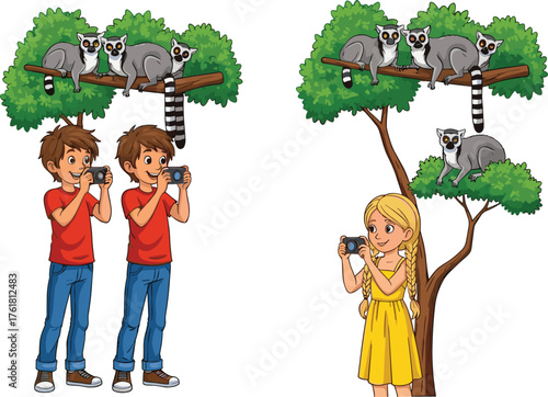 PrintHappy children taking photos of lemurs in the forest, cute cartoon scene with wildlife animals, adventure, photography, and nature learning