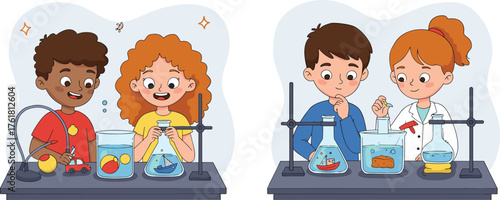 PrintHappy diverse children doing fun science experiments in classroom laboratory, kids learning chemistry, education and discovery concept with colorful equipment