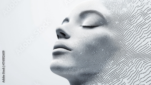 A woman’s head with dots covering her face and background. Generative AI.