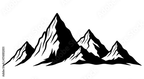 A bold, monochrome vector graphic illustrates a formidable mountain range with multiple sharp, angular peaks set against a clean white background