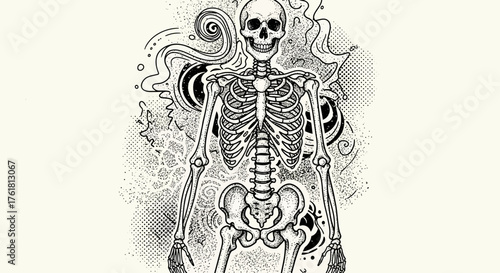 Illustrative depiction of human skeleton with decorative background elements