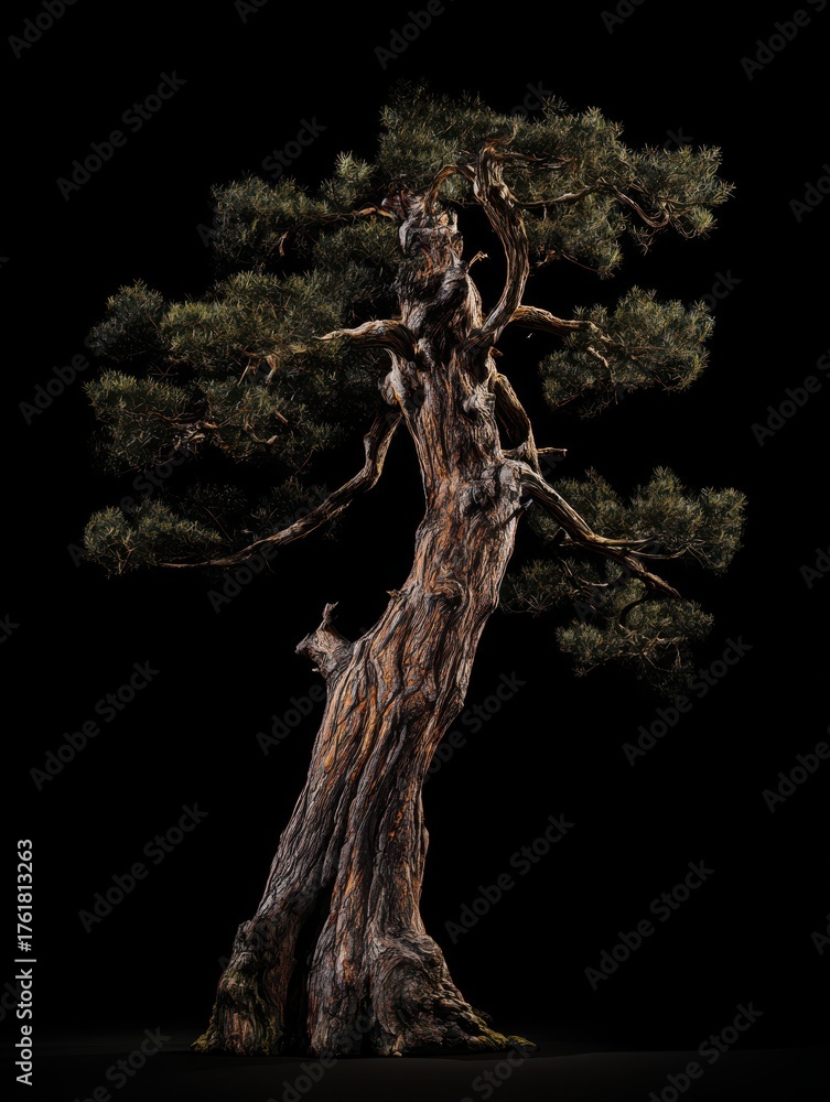 Fototapeta premium Ancient gnarled pine tree isolated on dark background, nature and resilience concept