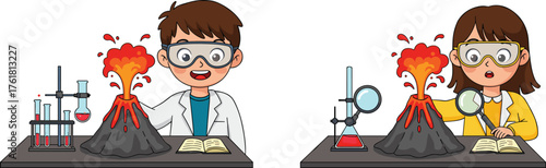 PrintKids doing volcano science experiment in laboratory, children learning chemistry, cartoon students studying eruption project, fun education activity, school science illustration