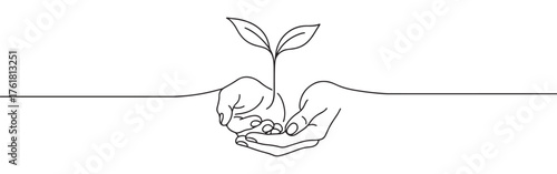 Continuous one-line drawing of hands holding a growing seedling, symbolizing protection, growth, nature, and environmental care in a minimalist style.