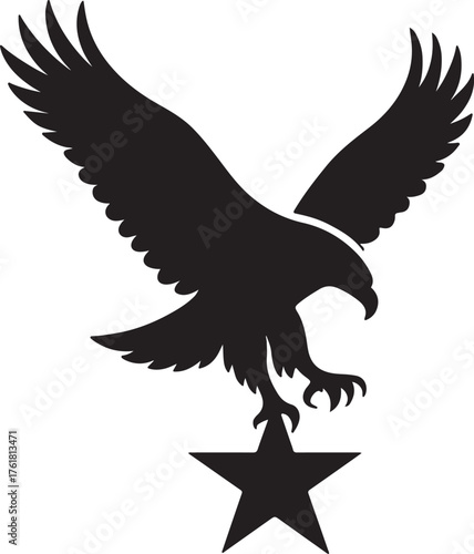 Blad eagle eith American flag print on wings diving for a patrietic ribbon. 4th july Independence Day Clipart, Emblem soaring bird usa banner image airfoil hunting red white blue band.