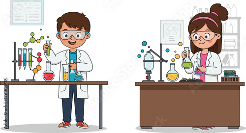 PrintKids science experiment in laboratory, children learning chemistry with colorful liquids, boy and girl students wearing lab coats, classroom science education