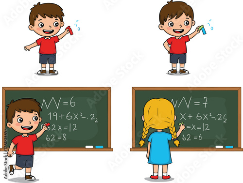 PrintKids solving math equations on chalkboard, cartoon students learning, classroom scene with happy children, back to school education illustration.