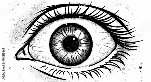 Intricate eye illustration with detailed textures in black and white style