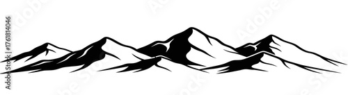 A stark black and white vector illustration of a stylized mountain range, featuring sharp, angular peaks and bold shadows that create a dramatic silhouette