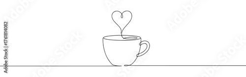 Continuous one-line drawing of a coffee cup with steam forming a heart shape, symbolizing warmth, love, and comfort in a simple, elegant style.