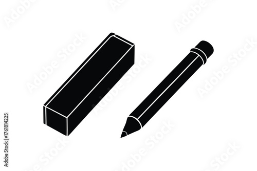 Pencil and eraser black silhouette stationery illustration set