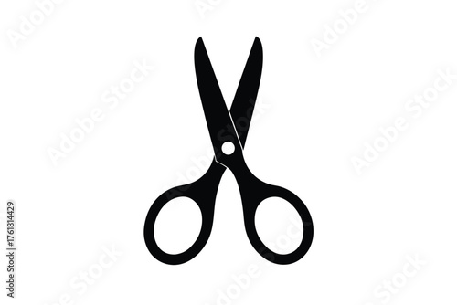 Black open scissors icon on white background, sharp cutting tool