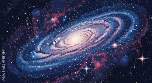 Vibrant Spiral Galaxy Illustration Amidst Starry Nebula Space Background