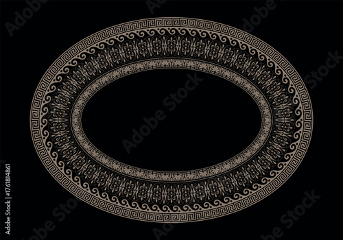 Arabic gold round frame on a black background. Greek key meander border.  Traditional egyptian, assyrian, greek motive. Arabic geometric texture.  For textile, embroidery, porcelain, engraving.

