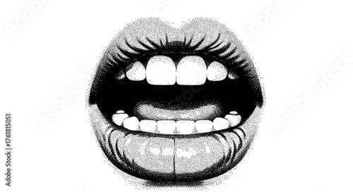 Stipple illustration of open mouth with teeth, expressive and detailed