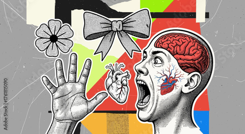 Surreal artwork depicting human brain, heart and expressions, emphasizing human emotion