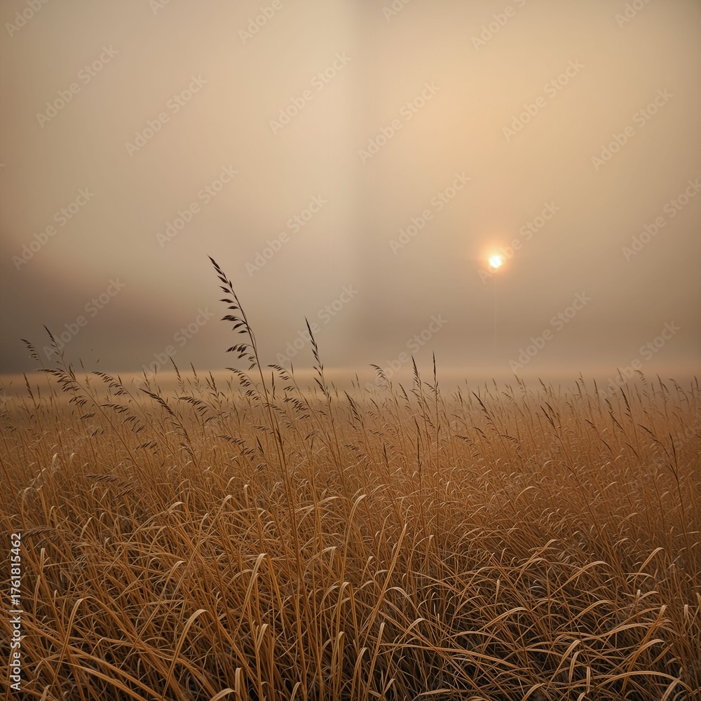 Obraz premium Misty Sunrise Over Golden Grass in Serene Landscape Atmosphere