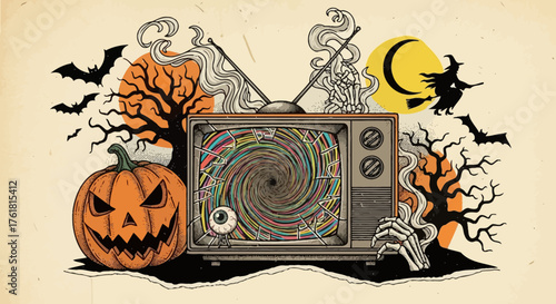 Retro Halloween Horror Show: Vintage Television Broadcasting Spooky Nightmares