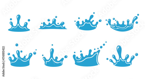 Collection of blue water splashes and droplets in various shapes