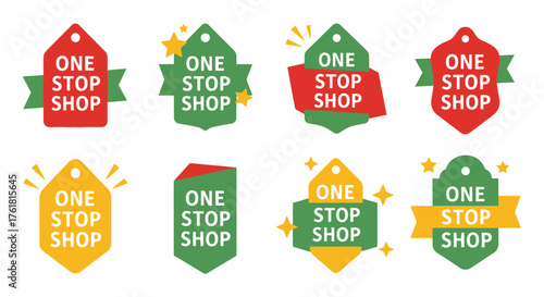 Colorful one stop shop tags and banners with starbursts illustration
