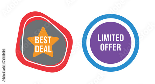 Two colorful promotional badges displaying best deal and limited offer text