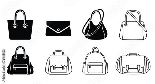 Collection of various handbag and backpack designs in black and white