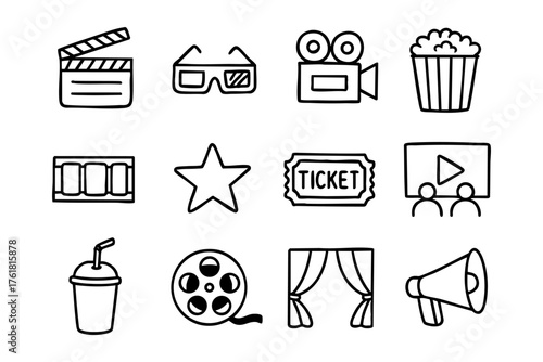 Cinema doodle style icon set – movie and entertainment vector illustration
