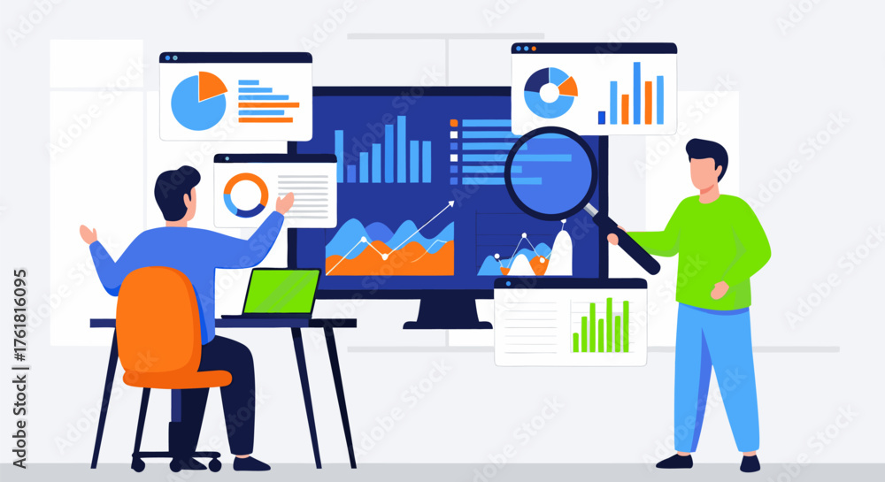 Obraz premium Business Data Analysis Two Professionals Examining Charts and Graphs on a Computer Screen