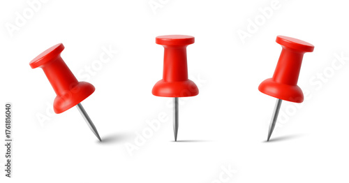 Realistic Red Push Pin Vector Set with Shadows on White Background