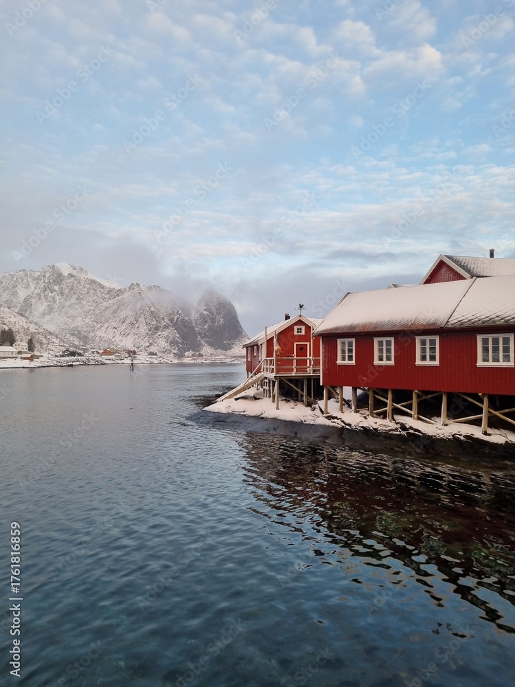 Fototapeta premium Winter village called A (O) in Lofoten islands, Norway. 