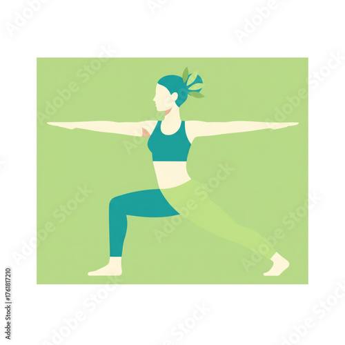 Woman in Warrior Yoga Pose - Teal, Cream, Green Vector