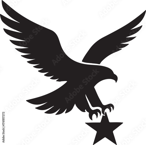 Blad eagle eith American flag print on wings diving for a patrietic ribbon. 4th july Independence Day Clipart, Emblem soaring bird usa banner image airfoil hunting red white blue band.