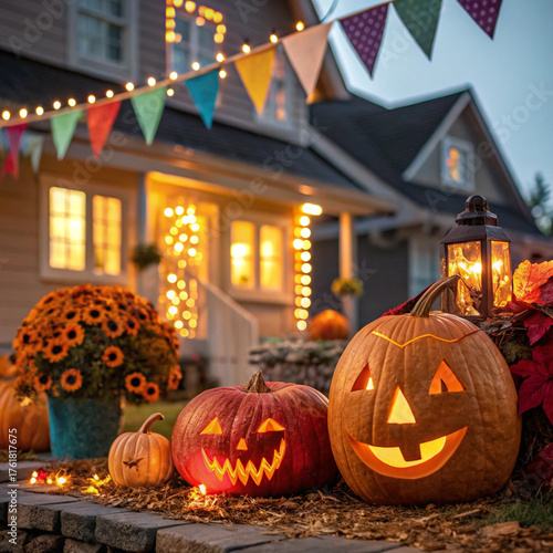 Festive House with Halloween Pumpkins and Lanterns at Dusk