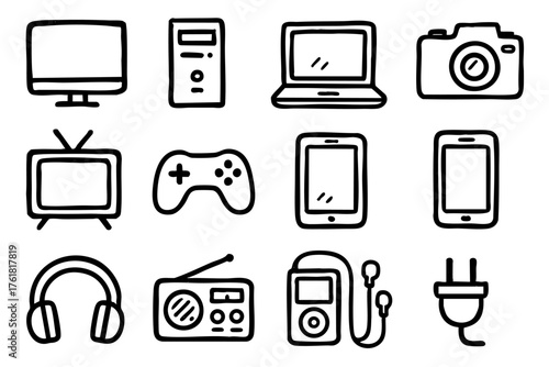 Electronic devices doodle line icon set – technology and digital gadgets vector illustration