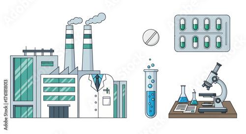 Pharmaceutical factory with lab equipment and medicine.