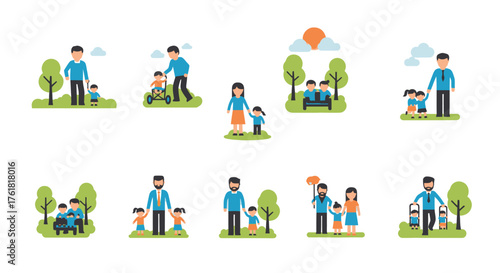 Collection of Diverse Family and Father-Child Illustrations Enjoying Outdoor Activities.