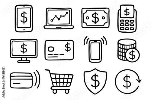 Electronic finance doodle line icon set – money and banking vector illustration