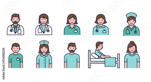 Diverse Medical Professionals and Patient Cartoon Icons Set.