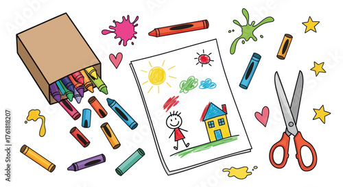 Colorful Crayons Childs Drawing and Scissors Art Supplies Illustration.
