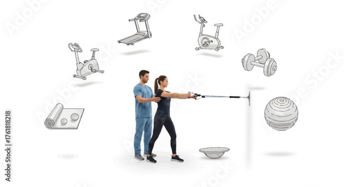 Female client training with male personal trainer using resistance band.