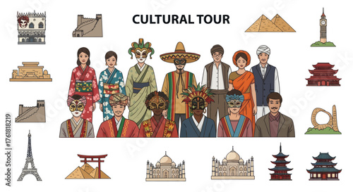 Diverse Group of People and Global Landmarks Representing Cultural Tour.