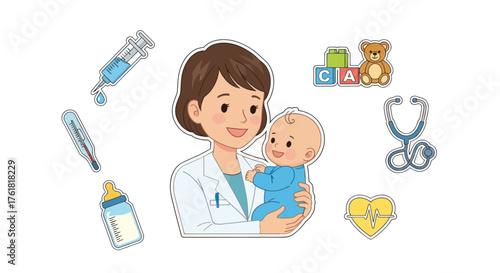 Pediatrician Holding Baby with Medical Equipment and Toys Illustration.