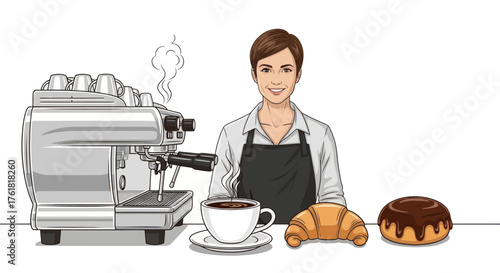 Barista with Espresso Machine Coffee Croissant and Pastry.
