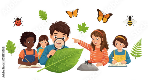 Group of Children Exploring Nature with Magnifying Glass.