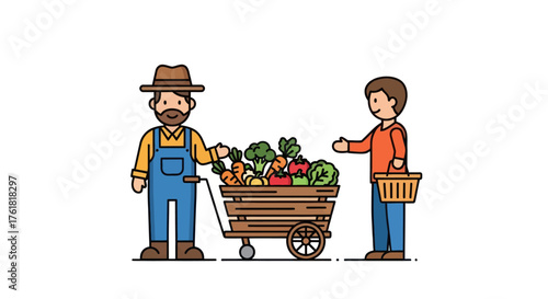 Farmer Selling Fresh Vegetables from Wooden Cart to Customer.