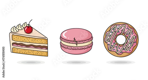 A slice of cake a pink macaron and a frosted donut.