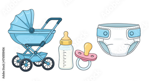 Baby Essentials Collection: Blue Stroller Bottle Pacifier and Diaper.