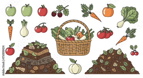 Hand-drawn Organic Garden Harvest Fresh Produce and Composting Illustration Set.