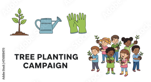 Diverse Children Participating in a Tree Planting Campaign with Gardening Tools.