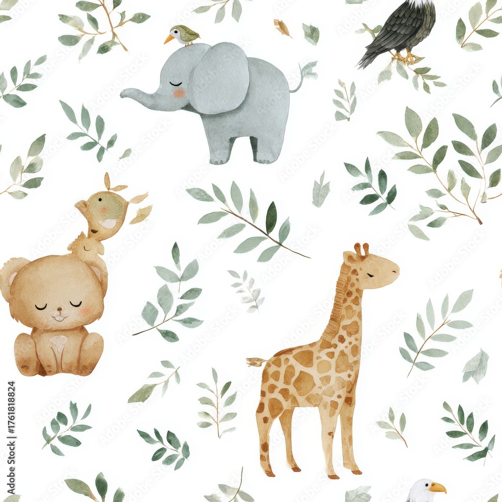 Naklejka premium Watercolor seamless pattern of cute wild animals including elephant, giraffe, and bird with leaves.
